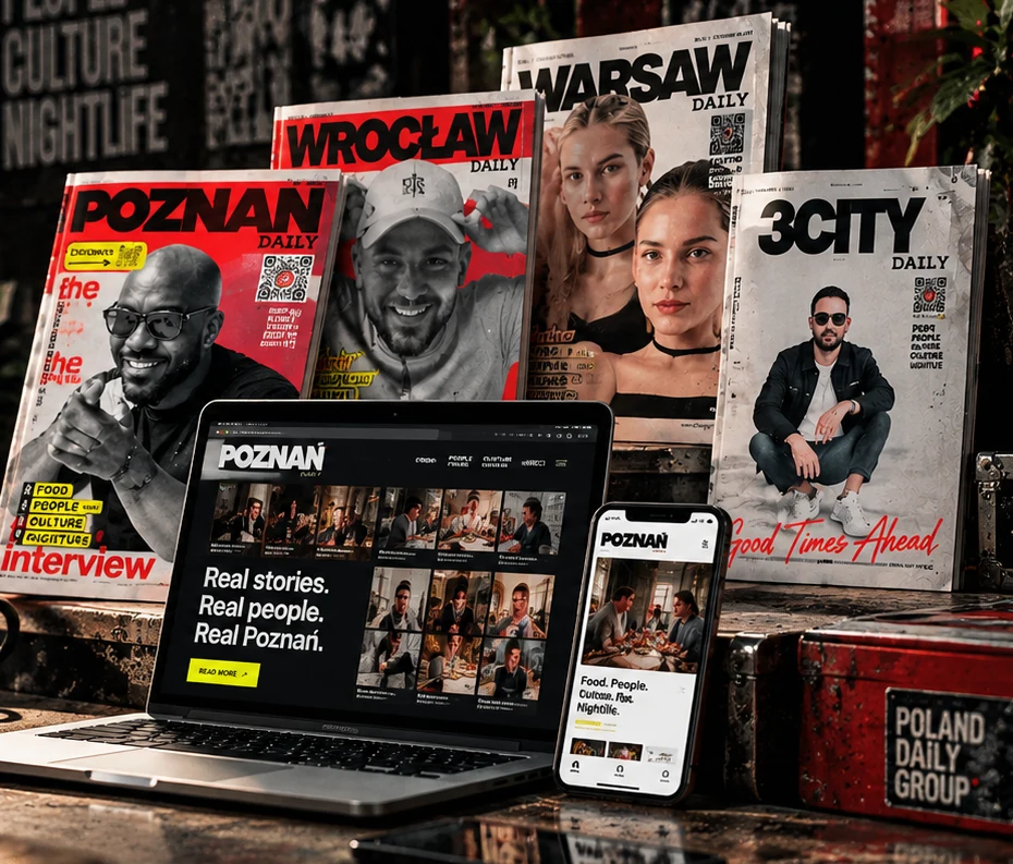 Conceptual editorial scene showing Poland Daily print magazines, a laptop and smartphone